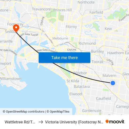 Wattletree Rd/Tooronga Rd to Victoria University (Footscray Nicholson Campus) map