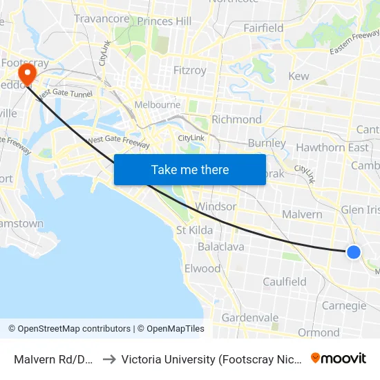 Malvern Rd/Darling Rd to Victoria University (Footscray Nicholson Campus) map
