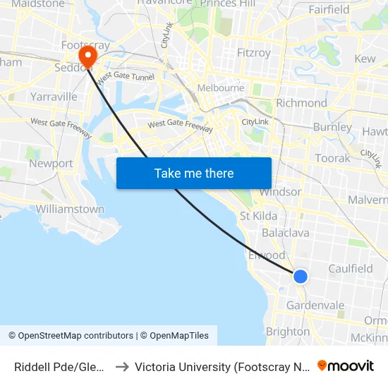 Riddell Pde/Glen Huntly Rd to Victoria University (Footscray Nicholson Campus) map
