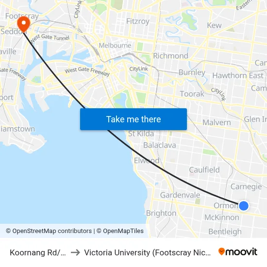 Koornang Rd/Leila Rd to Victoria University (Footscray Nicholson Campus) map