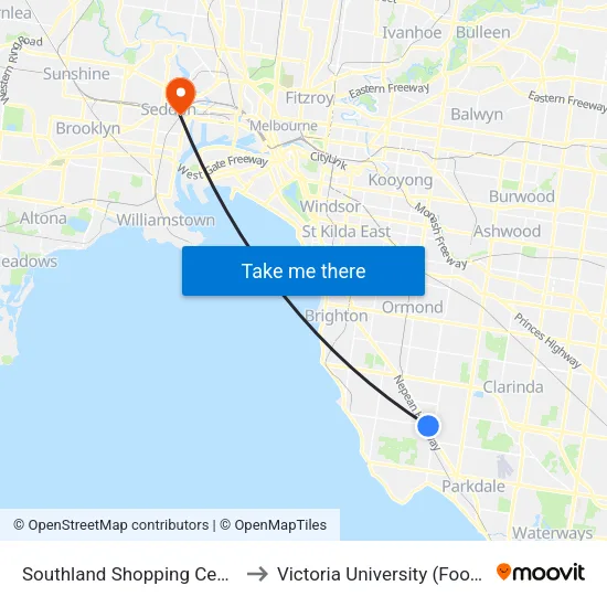 Southland Shopping Centre/Karen St to Victoria University (Footscray Nicholson Campus) map