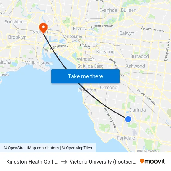 Kingston Heath Golf Club/Kingston Rd to Victoria University (Footscray Nicholson Campus) map