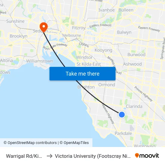 Warrigal Rd/Kingston Rd to Victoria University (Footscray Nicholson Campus) map