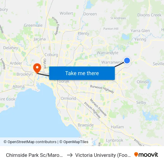 Chirnside Park Sc/Maroondah Hwy to Victoria University (Footscray Nicholson Campus) map