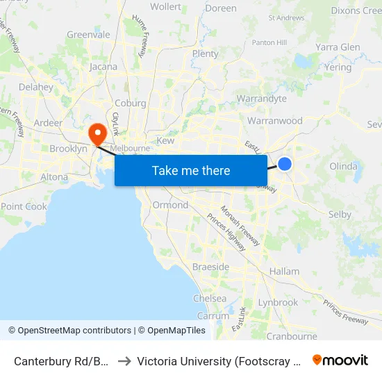 Canterbury Rd/Bayswater Rd to Victoria University (Footscray Nicholson Campus) map