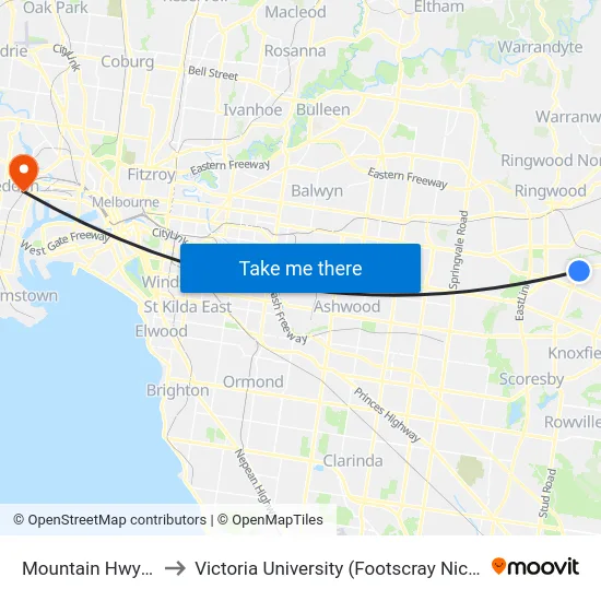 Mountain Hwy/Stud Rd to Victoria University (Footscray Nicholson Campus) map