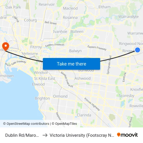 Dublin Rd/Maroondah Hwy to Victoria University (Footscray Nicholson Campus) map