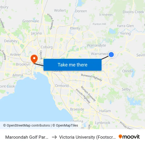Maroondah Golf Park/Maroondah Hwy to Victoria University (Footscray Nicholson Campus) map