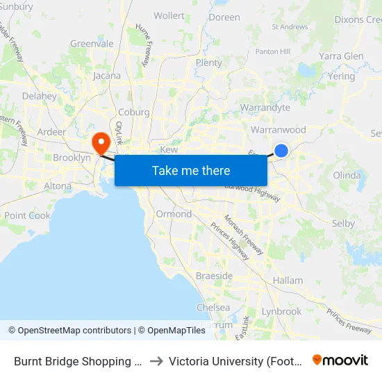 Burnt Bridge Shopping Centre/Maroondah Hwy to Victoria University (Footscray Nicholson Campus) map