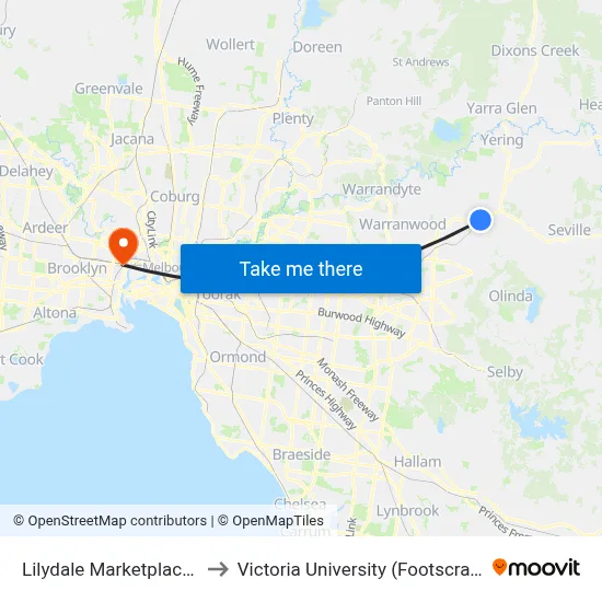 Lilydale Marketplace/Hutchinson St to Victoria University (Footscray Nicholson Campus) map