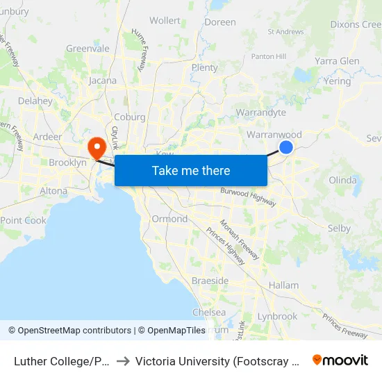 Luther College/Plymouth Rd to Victoria University (Footscray Nicholson Campus) map