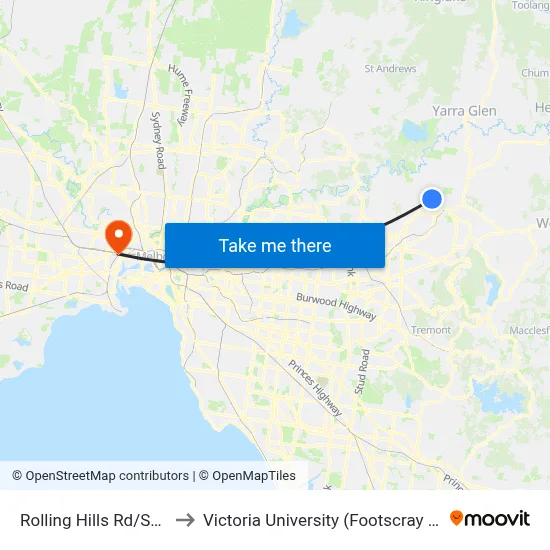 Rolling Hills Rd/Switchback Rd to Victoria University (Footscray Nicholson Campus) map