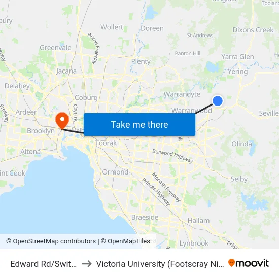 Edward Rd/Switchback Rd to Victoria University (Footscray Nicholson Campus) map