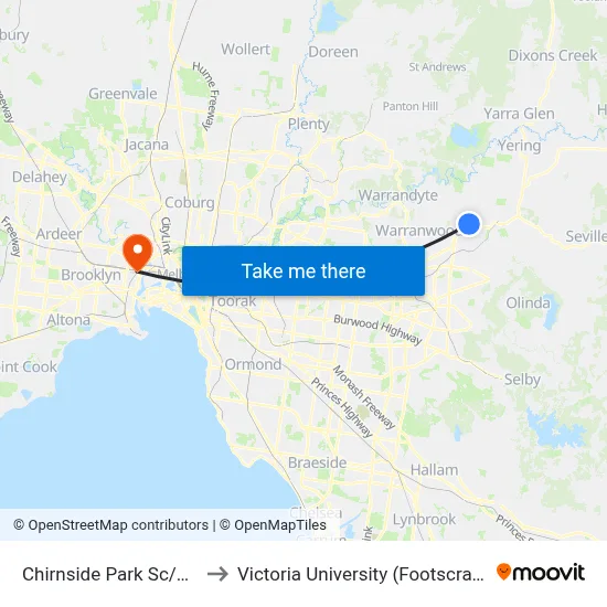 Chirnside Park Sc/Maroondah Hwy to Victoria University (Footscray Nicholson Campus) map