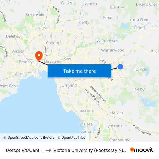 Dorset Rd/Canterbury Rd to Victoria University (Footscray Nicholson Campus) map