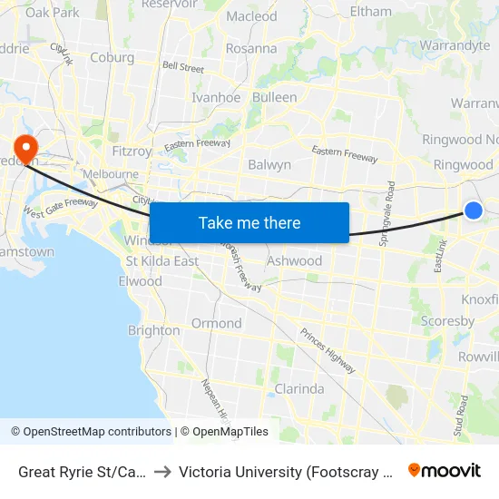 Great Ryrie St/Canterbury Rd to Victoria University (Footscray Nicholson Campus) map