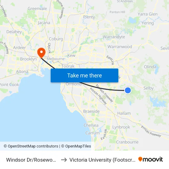 Windsor Dr/Rosewood Bvd to Victoria University (Footscray Nicholson Campus) map