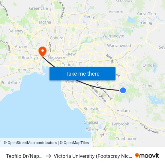 Teofilo Dr/Napoleon Rd to Victoria University (Footscray Nicholson Campus) map