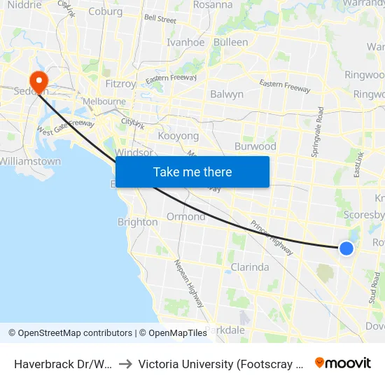 Haverbrack Dr/Wellington Rd to Victoria University (Footscray Nicholson Campus) map