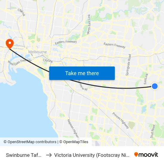 Swinburne Tafe/Stud Rd to Victoria University (Footscray Nicholson Campus) map