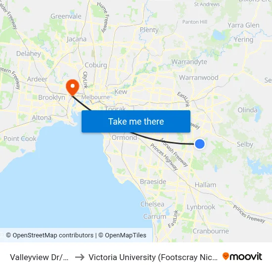 Valleyview Dr/Karoo Rd to Victoria University (Footscray Nicholson Campus) map