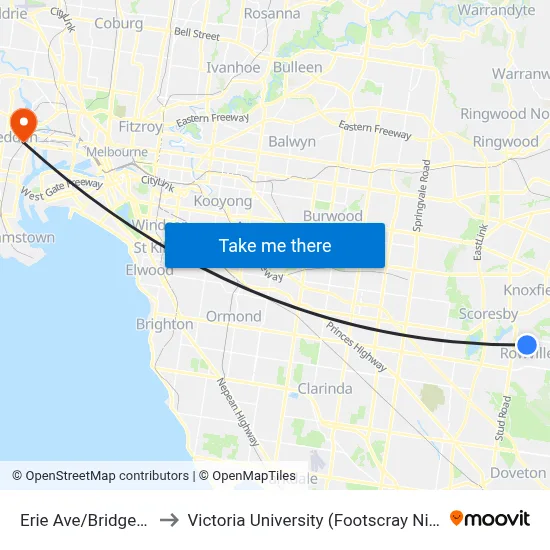 Erie Ave/Bridgewater Way to Victoria University (Footscray Nicholson Campus) map