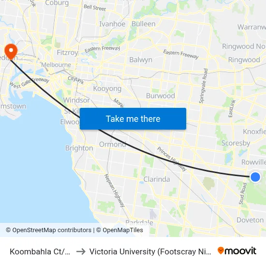 Koombahla Ct/Liviana Dr to Victoria University (Footscray Nicholson Campus) map