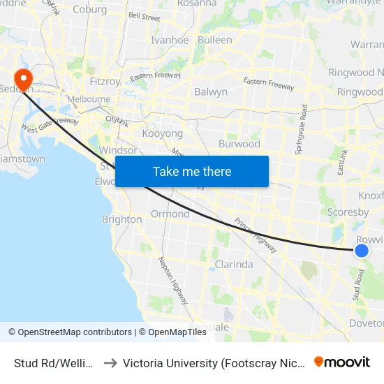 Stud Rd/Wellington Rd to Victoria University (Footscray Nicholson Campus) map