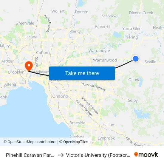 Pinehill Caravan Park/Warburton Hwy to Victoria University (Footscray Nicholson Campus) map