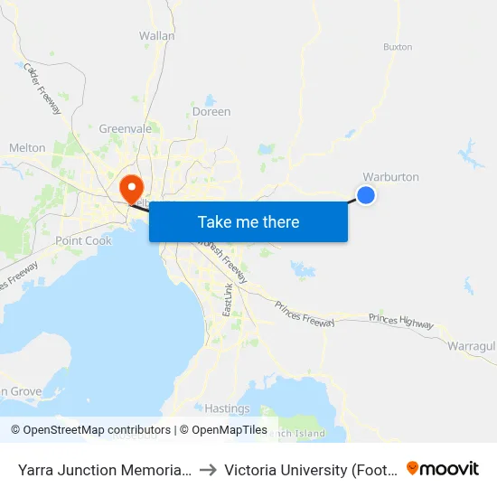Yarra Junction Memorial Reserve/Warburton Hwy to Victoria University (Footscray Nicholson Campus) map