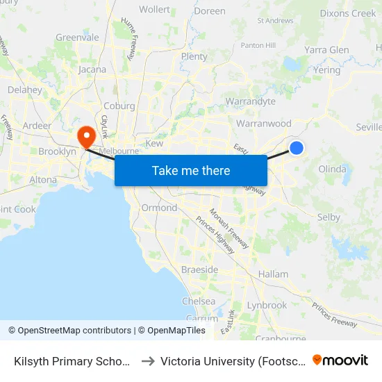 Kilsyth Primary School/Mt Dandenong Rd to Victoria University (Footscray Nicholson Campus) map