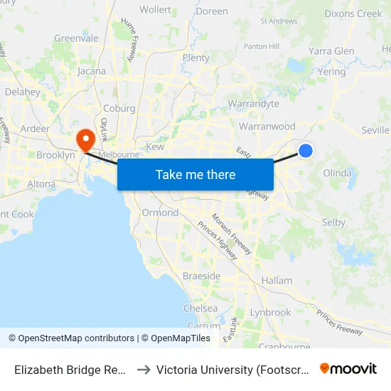 Elizabeth Bridge Reserve/Durham Rd to Victoria University (Footscray Nicholson Campus) map