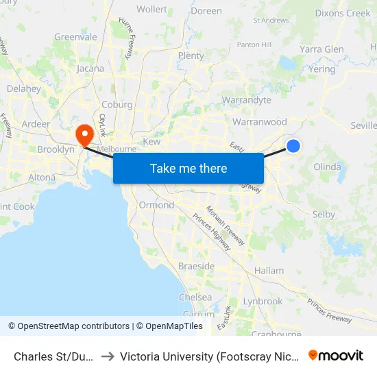Charles St/Durham Rd to Victoria University (Footscray Nicholson Campus) map