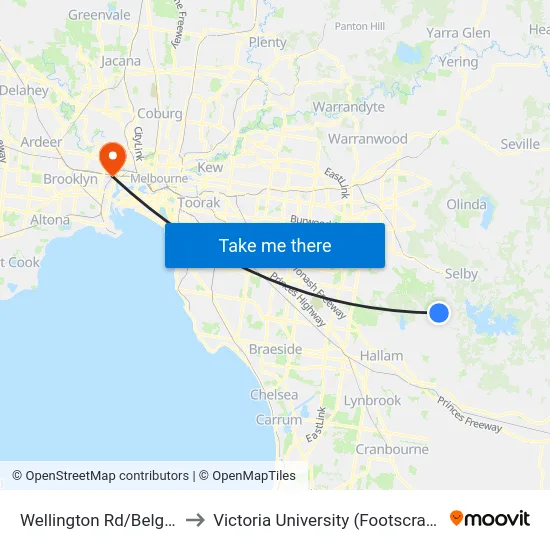 Wellington Rd/Belgrave-Hallam Rd to Victoria University (Footscray Nicholson Campus) map
