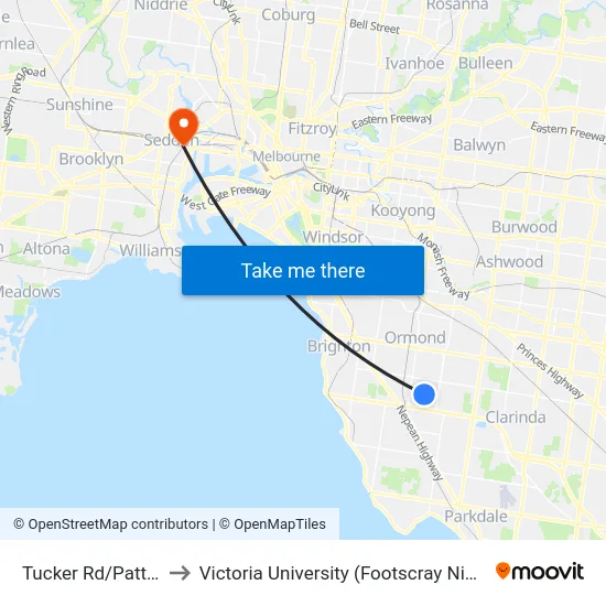Tucker Rd/Patterson Rd to Victoria University (Footscray Nicholson Campus) map