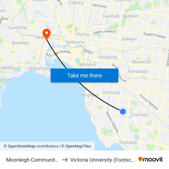 Moorleigh Community Village/Bignell Rd to Victoria University (Footscray Nicholson Campus) map