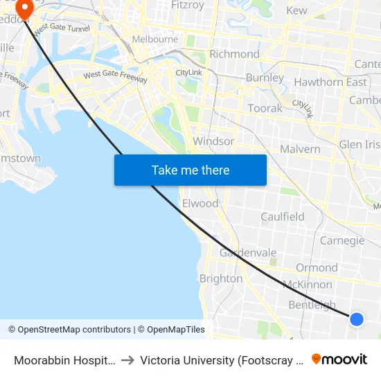 Moorabbin Hospital/Centre Rd to Victoria University (Footscray Nicholson Campus) map