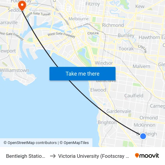 Bentleigh Station/Centre Rd to Victoria University (Footscray Nicholson Campus) map