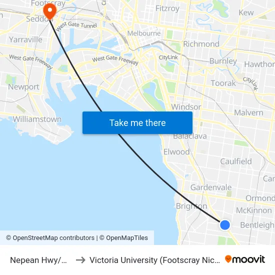 Nepean Hwy/Centre Rd to Victoria University (Footscray Nicholson Campus) map