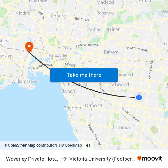 Waverley Private Hospital/Blackburn Rd to Victoria University (Footscray Nicholson Campus) map