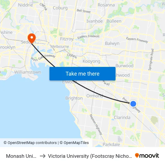 Monash University to Victoria University (Footscray Nicholson Campus) map