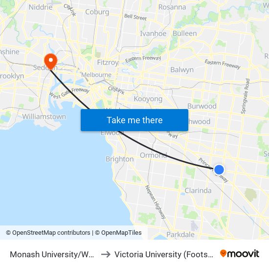 Monash University/Wellington Rd (Clayton) to Victoria University (Footscray Nicholson Campus) map