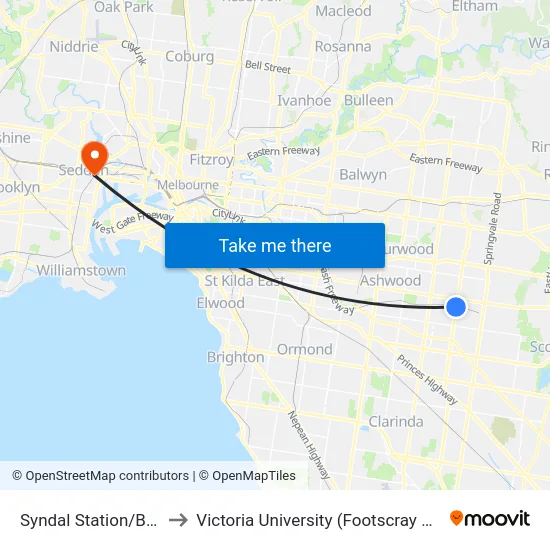 Syndal Station/Blackburn Rd to Victoria University (Footscray Nicholson Campus) map