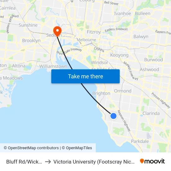 Bluff Rd/Wickham Rd to Victoria University (Footscray Nicholson Campus) map