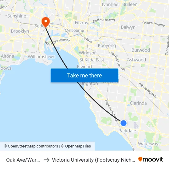 Oak Ave/Warrigal Rd to Victoria University (Footscray Nicholson Campus) map