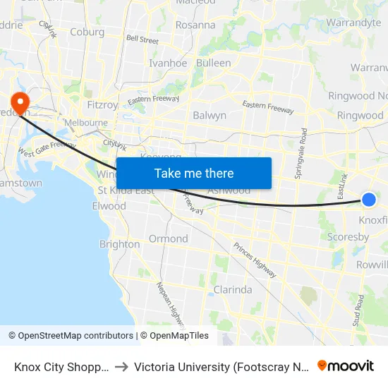 Knox City Shopping Centre to Victoria University (Footscray Nicholson Campus) map