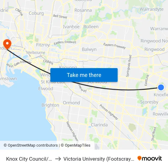 Knox City Council/Burwood Hwy to Victoria University (Footscray Nicholson Campus) map