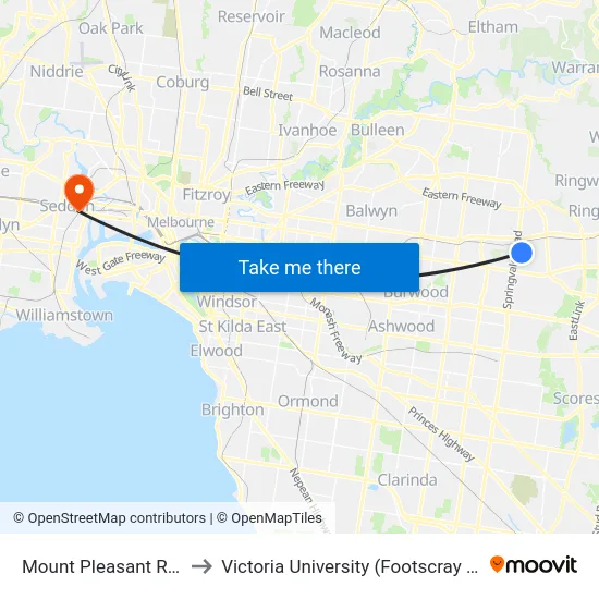 Mount Pleasant Rd/Heather Gr to Victoria University (Footscray Nicholson Campus) map