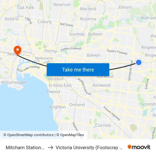 Mitcham Station/Calcutta St to Victoria University (Footscray Nicholson Campus) map