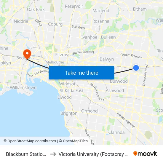 Blackburn Station/South Pde to Victoria University (Footscray Nicholson Campus) map